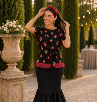Blusa Seda Fresas Negro
