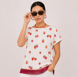 Blusa Seda Fresas Blanco