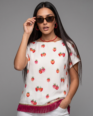 Blusa Seda Fresas Blanco