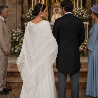 Novia en el altar de la iglesia con el Mantón Novia de seda blanco y champagne