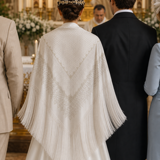 Mantón Novia visto de espaldas en la ceremonia, con el dibujo de retícula y flecos largos
